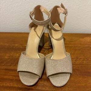 Jessica Simpson Sherron Glitter Block Heel Sandal Size 8.5 Gold Metallic Sparkle